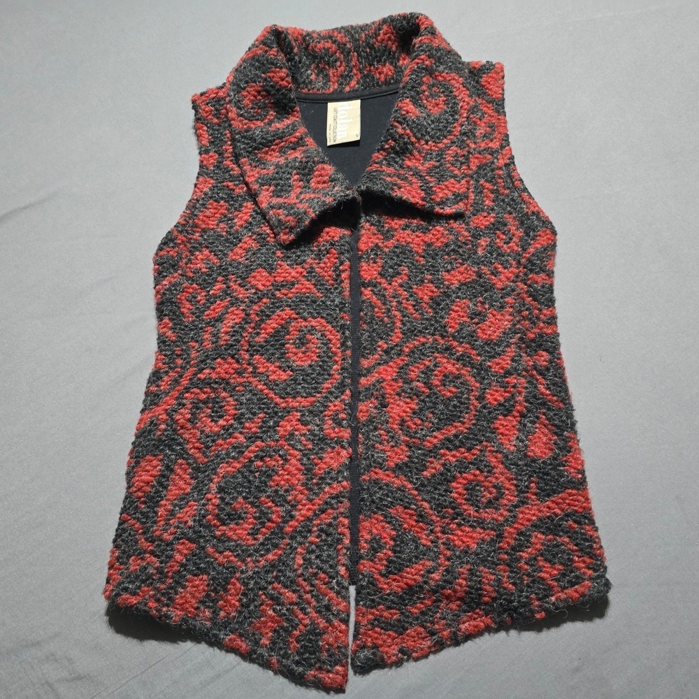 dolan Loft Anthropologie Vest Womens small  Red Black Mohair Wool Swirl Knit Art